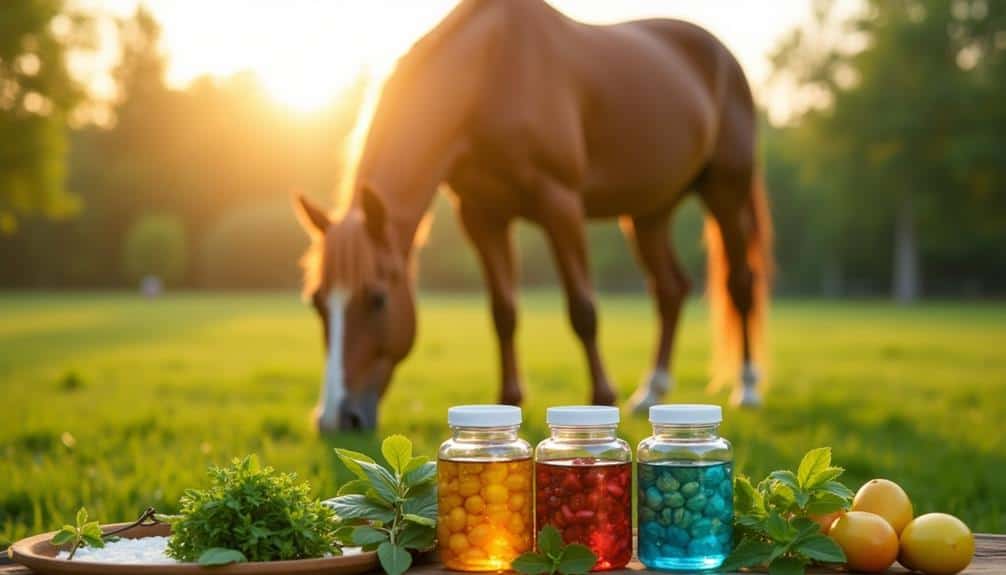 Colorful bottles of horse gut health supplements with natural herbs in the foreground, while a healthy horse grazes in a green pasture at sunrise.