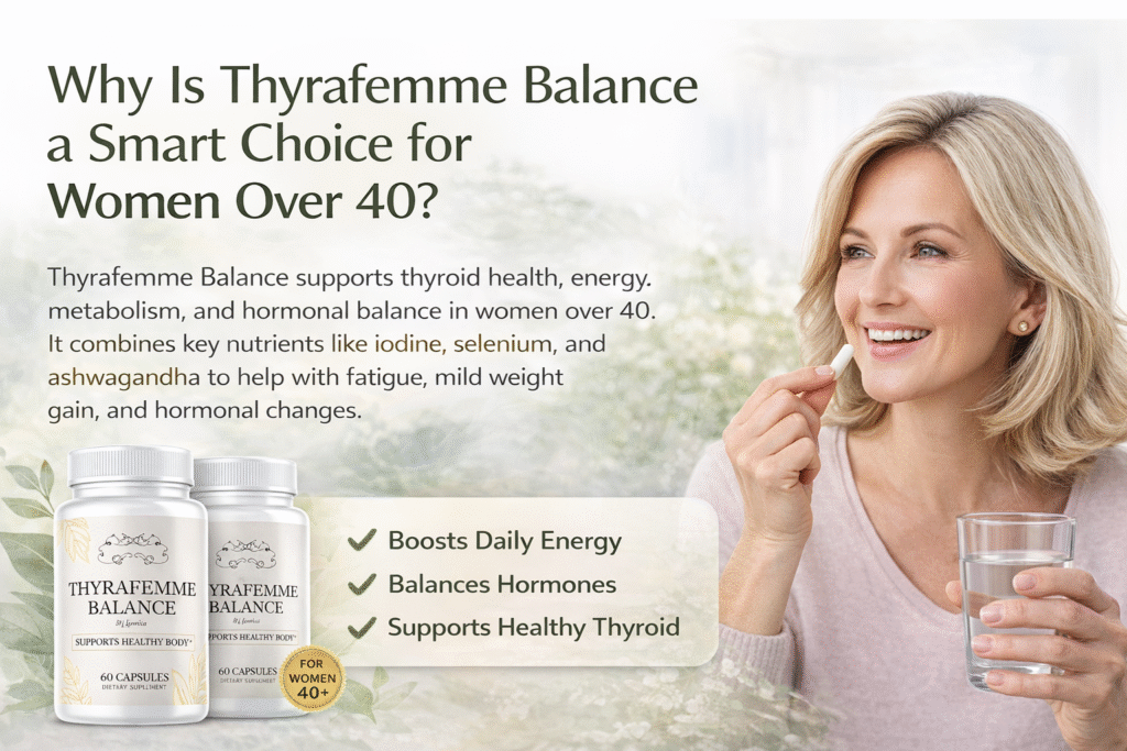 Woman over 40 taking Thyrafemme Balance supplement with water, highlighting thyroid support, balanced hormones, and daily energy benefits.