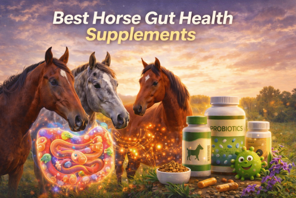 Best horse gut health supplements showing three healthy horses with probiotic bottles and a visual illustration of the equine digestive system supporting digestion and gut balance