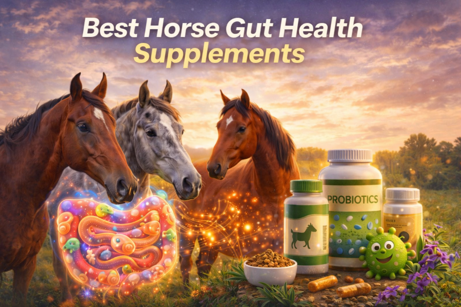 Best horse gut health supplements showing three healthy horses with probiotic bottles and a visual illustration of the equine digestive system supporting digestion and gut balance