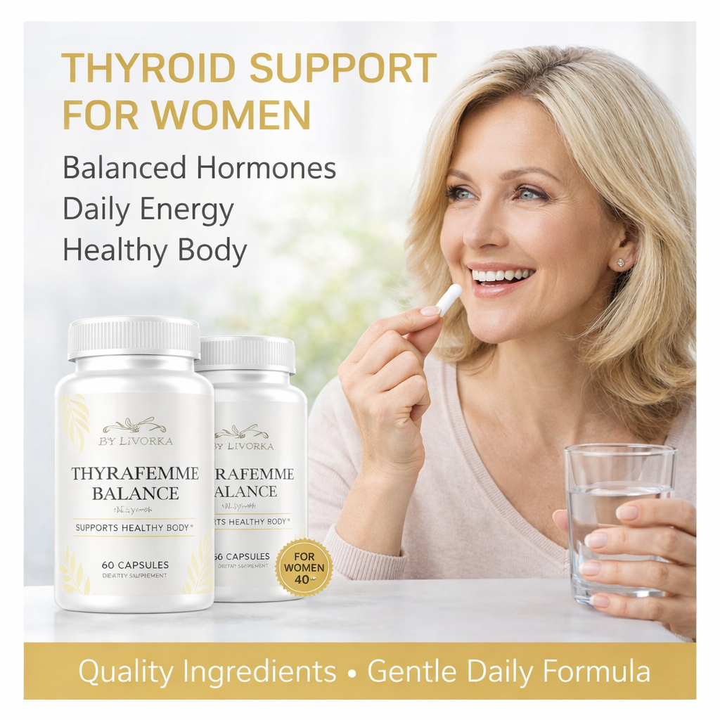 Middle-aged woman taking Thyrafemme Balance thyroid support supplement with water, promoting balanced hormones, daily energy, and healthy body for women over 40.